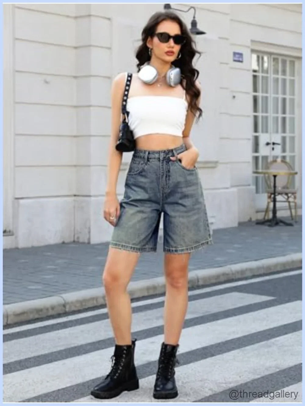 Wide Leg Denim Shorts Baggy Bermuda Knee Length High Rise Stretch